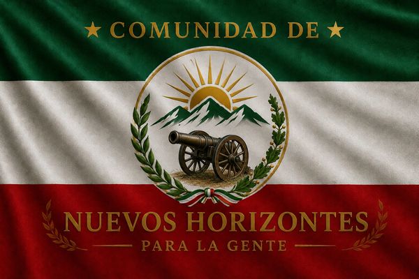 Bandera tricolor con emblema de cañón y texto en español.