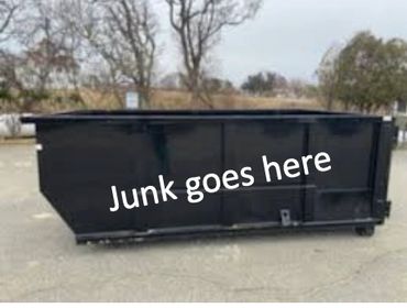 A black dumpster with 'Junk goes here' written on its side.