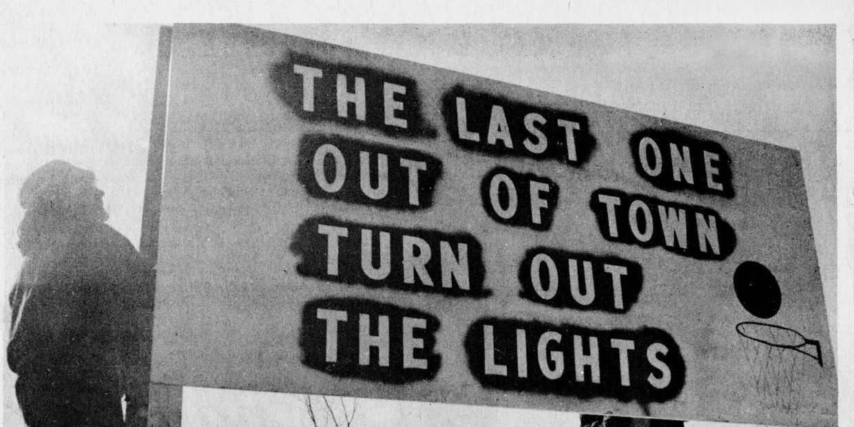Neil Johnston's handmade sign erected on the Bangor Road before the start of the 1975 Eastern Maine