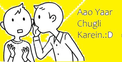 Two cartoon characters, one whispering secrets to the other against a yellow background.