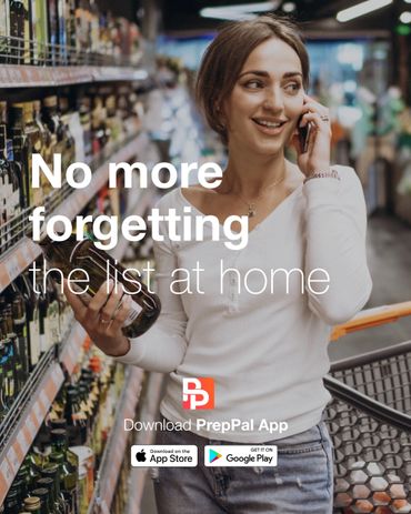 Woman shopping with phone, promoting PrepPal app for grocery list management.