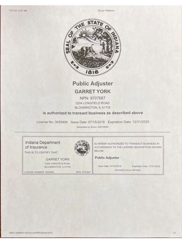 State of Indiana Insurance License