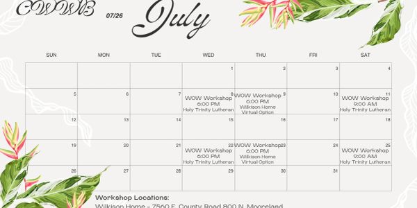 July calendar with workshop dates and tropical leaf decorations.