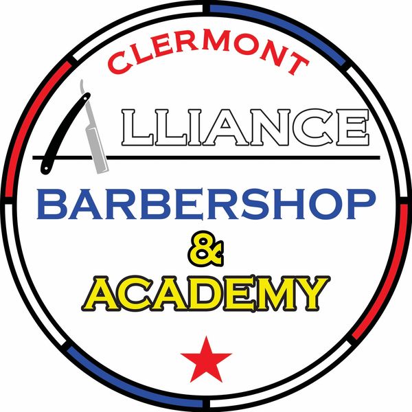 Logo for Clermont Alliance Barbershop & Academy featuring a razor and patriotic colors.