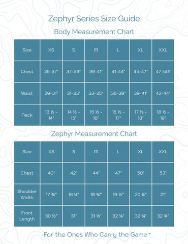 PDF size chart for Classic Zephyr and Zephyr Lite premium caddie bibs. A guide for navigating sizes.