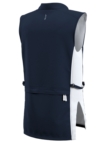 Rear-angled view of navy blue Classic Zephyr 3D Render with navy body and white knit side panels.