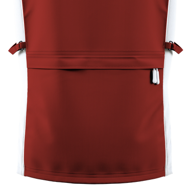 Back view of Classic Zephyr showing back pouch pocket with red softshell body and white sides.