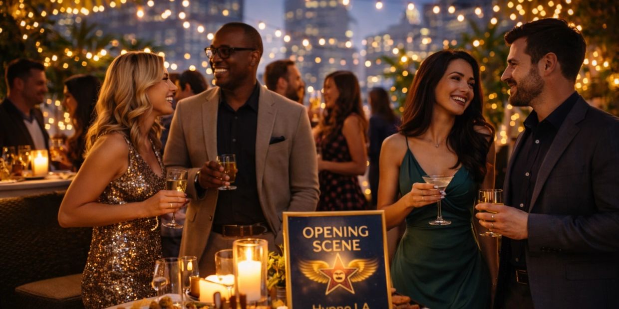 People dressed elegantly enjoying drinks at a festive evening event with city lights in the background.