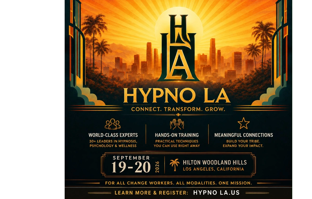 Sunset cityscape with bold Hypno LA logo and a Venmo QR code.
