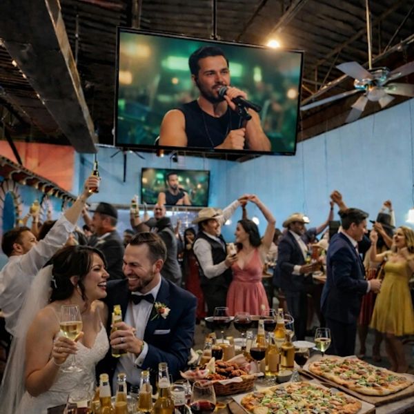A joyful wedding celebration with the bride, groom, and guests enjoying music and food.