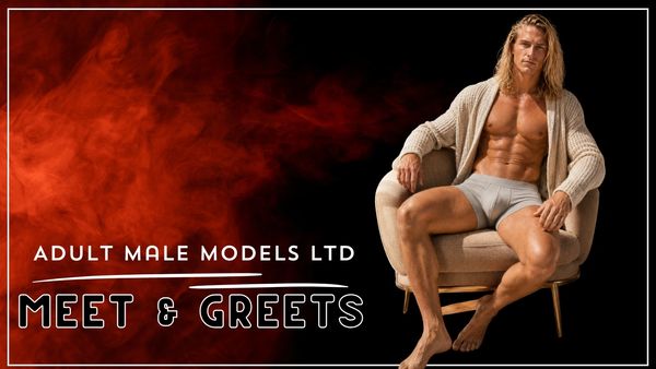 Muscular male model in shorts seated confidently for Adult Male Models Ltd meet and greet.