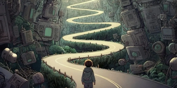 A child stands at the start of a winding road surrounded by towering machines ready to walk into the future with AI.