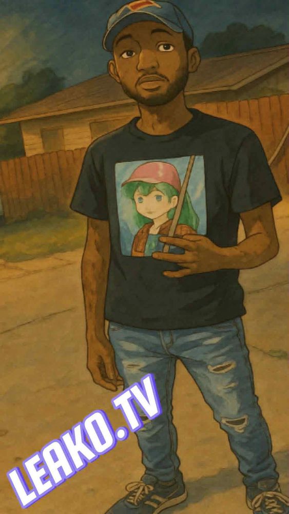 A young man wearing a black t-shirt with an anime character and ripped jeans.