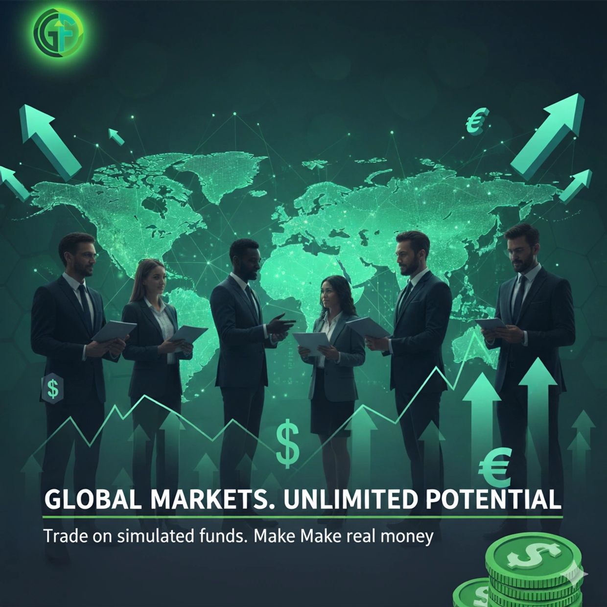 Business professionals discussing global markets with financial growth symbols in the background.