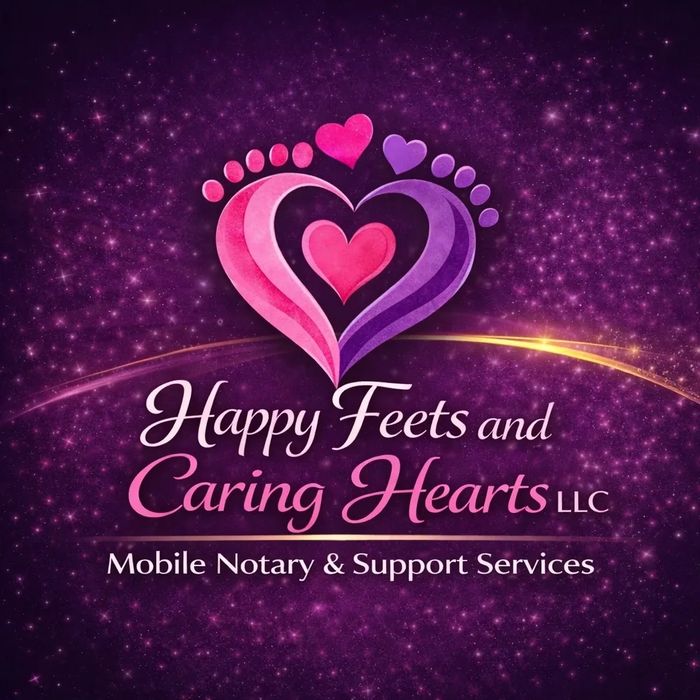 Logo for Happy Feets and Caring Hearts LLC featuring a heart and footprints design in pink and purpl