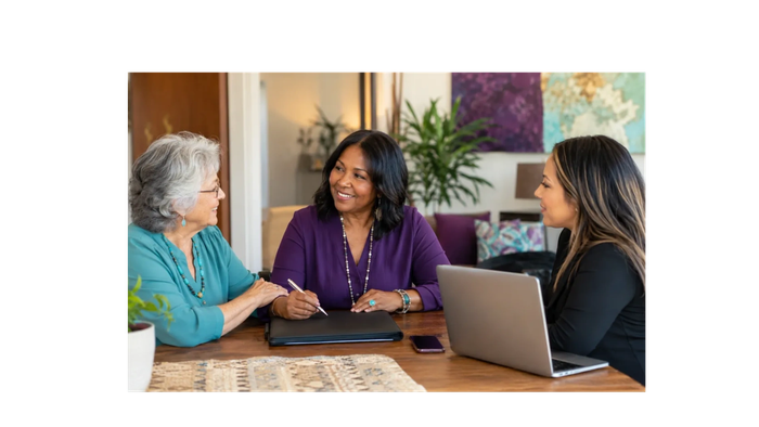 Senior woman meeting with two care professionals to discuss non-medical companion and senior support services.