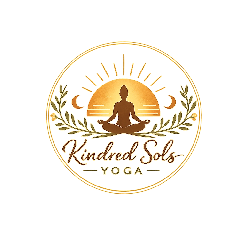 Logo of Kindred Sols Yoga featuring a meditating figure and sun motif.