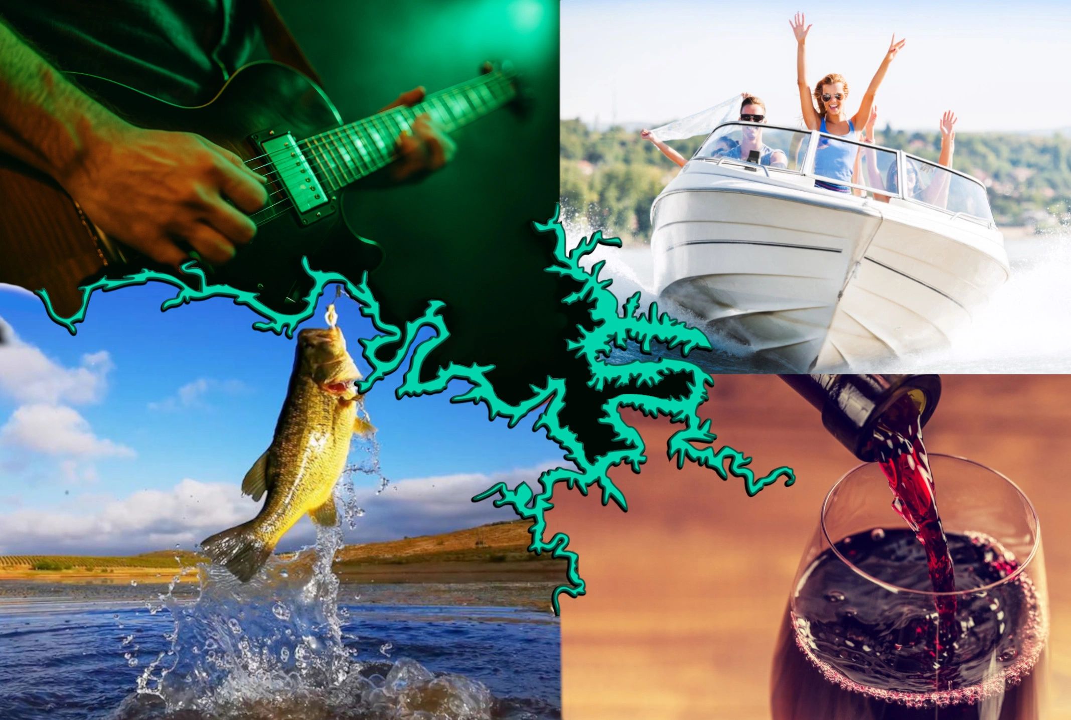 Collage of Lake of the Ozarks activities including live music, boating, fishing, and wine tasting