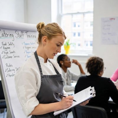 Catering staff member during a hospitality training session in South Wales