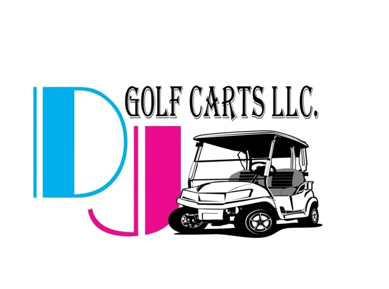 Logo of DJ Golf Carts LLC featuring stylized letters and a golf cart graphic.