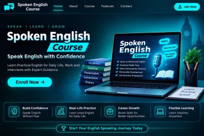 Online Spoken English course advertisement with enrollment option.