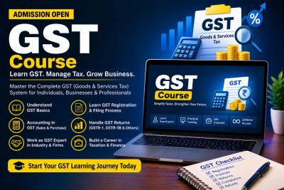 Advertisement for GST course with online learning and registration details.