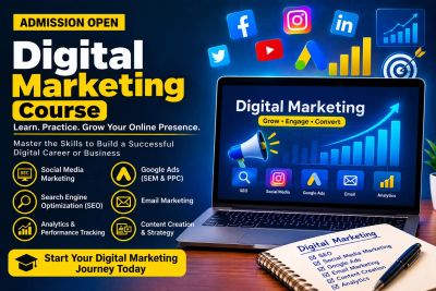 Digital marketing course advertisement with key skills and tools.