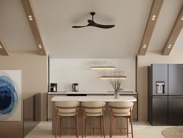Modern kitchen with wooden accents and a sleek black refrigerator.