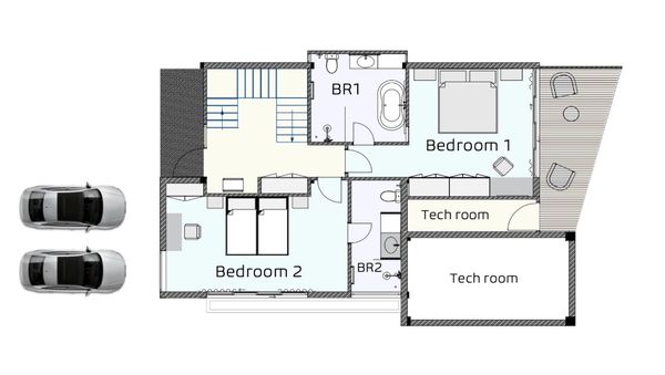 Floor plan showing two bedrooms, two bathrooms, and two tech rooms with a balcony.
