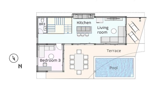 Floor plan showing kitchen, living room, bedroom, terrace, and pool layout.