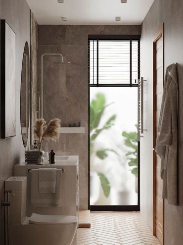 Modern bathroom with neutral tones, frosted window, and wooden flooring.