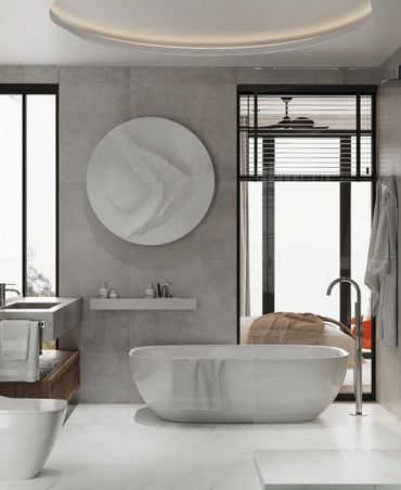 Modern bathroom with a freestanding tub and sleek fixtures.