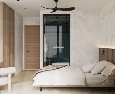 Minimalist bedroom with neutral tones and a modern ceiling fan.