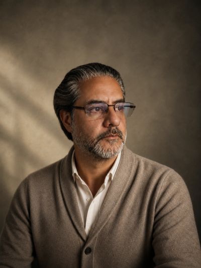 Man with glasses looking to the side in thoughtful pose.