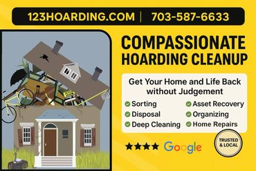 A postcard showing 123hoarding and the hoarder cleanup services they provide in Arlington, VA.