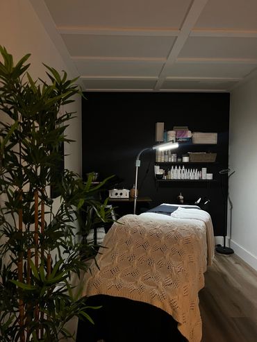 alt= Carissa's beautifully designed facial treatment room at the Loft Spa Barrington Passage.
