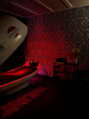 alt= Infrared Cocoon Sauna Pod at the loft spa barrington passage NS