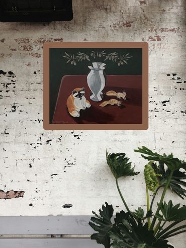 Italian alabaster vase, squirrels, racoon still life original painting by AM Ransom