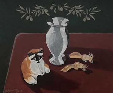 Italian alabaster vase, squirrels, racoon still life original painting by AM Ransom