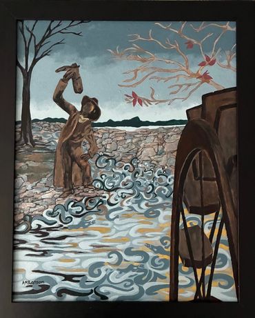 cowboy statue and waterwheel original art by AM Ransom