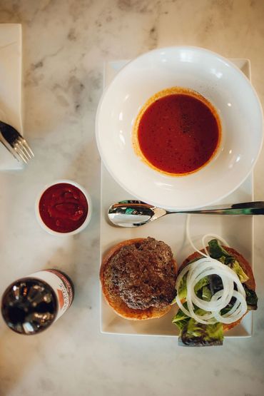 Spicy food and burger with meat on Plate