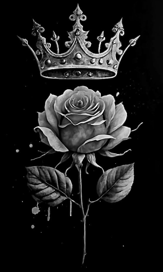 Black and white rose with a detailed crown above it.
