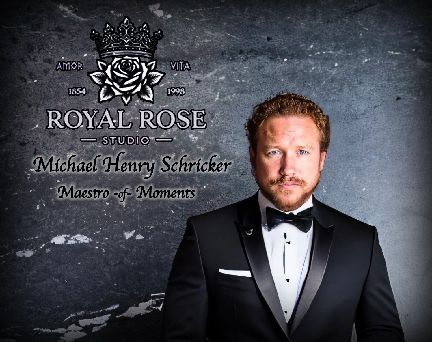 Man in tuxedo with Royal Rose Studio logo and name Michael Henry Schricker.