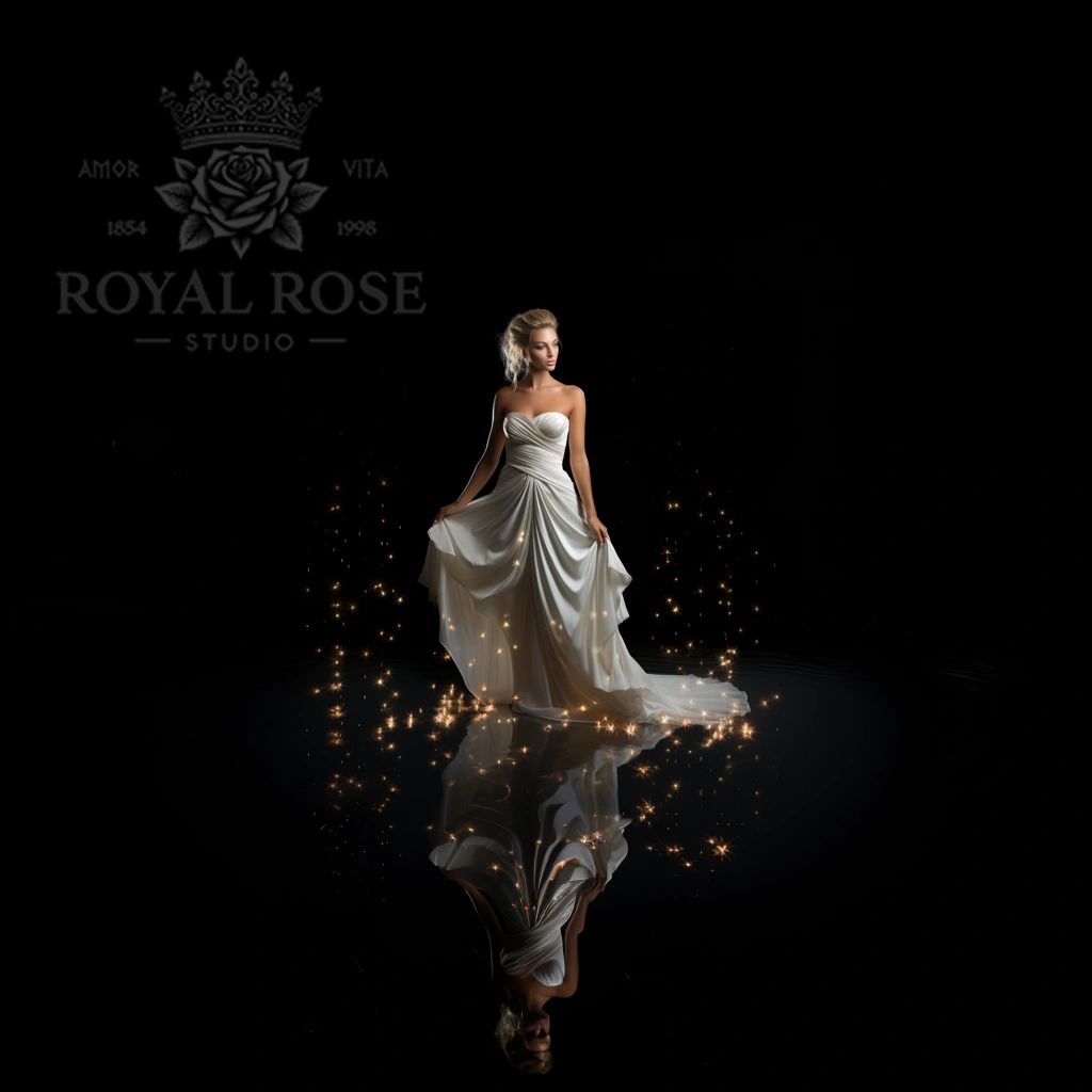 Woman in elegant white dress surrounded by glowing sparkles and reflection.