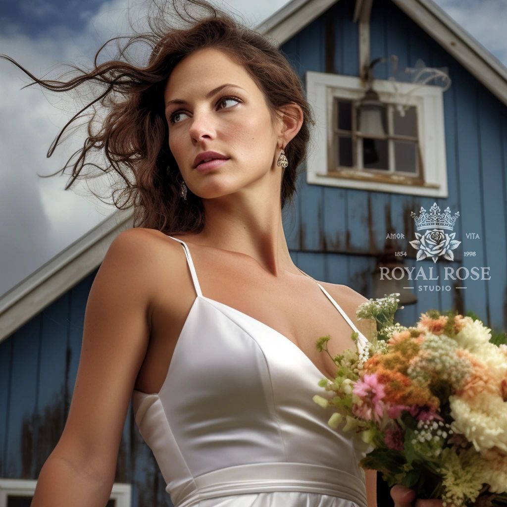 Bride in a white dress holding a colorful bouquet with a rustic blue barn backdrop.