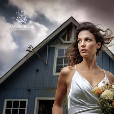 Woman in white dress holding flowers with a blue house and cloudy sky background.