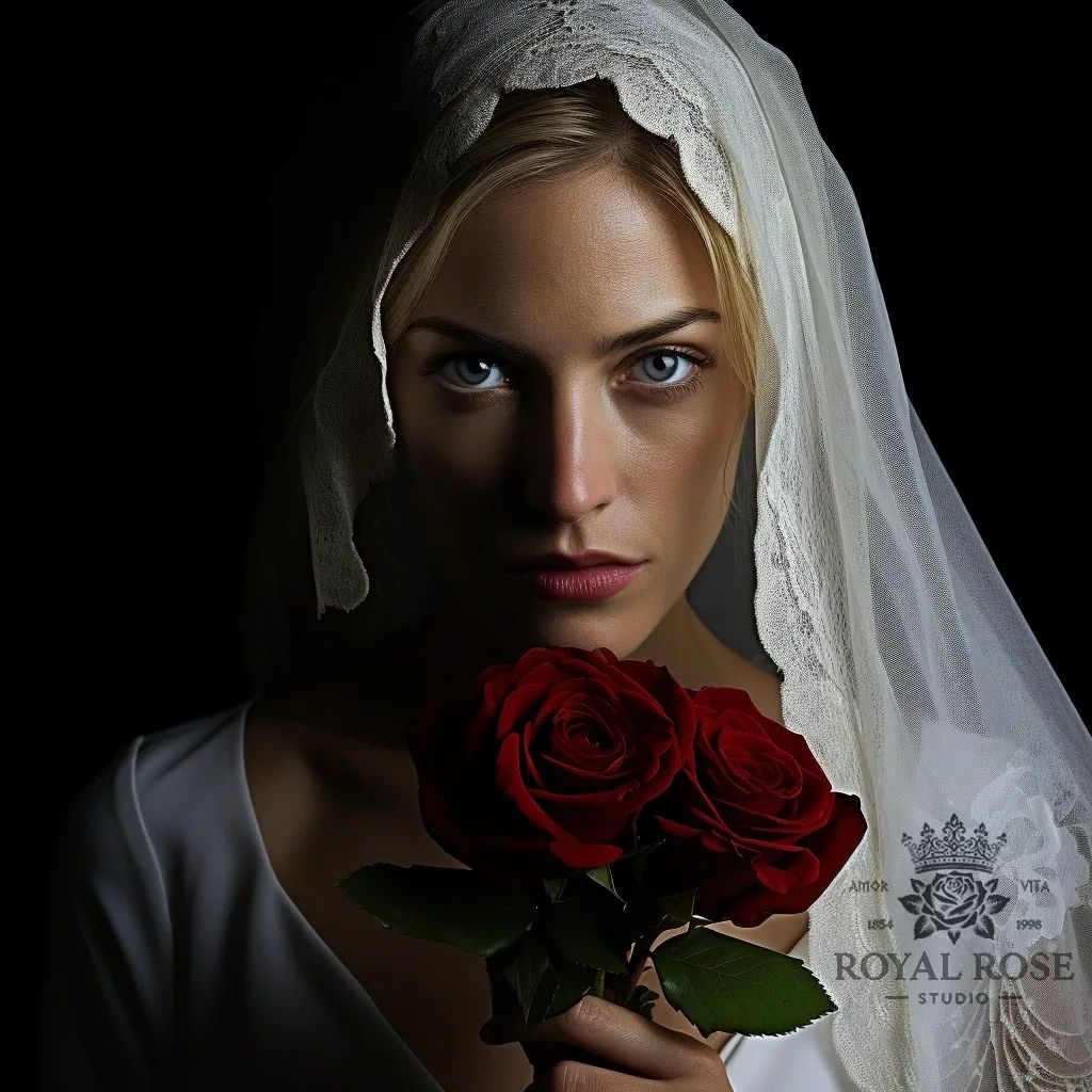 A woman with piercing blue eyes holds red roses, wearing a lace veil.