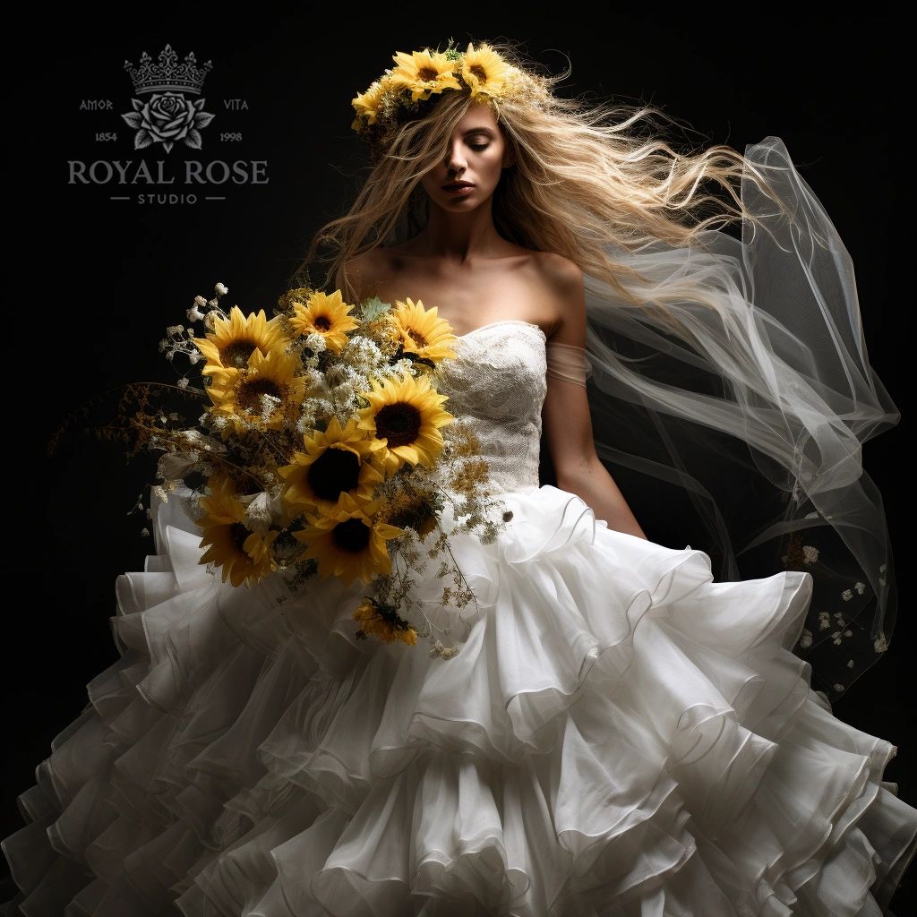 Bride in a white gown with sunflowers and flowing veil against black background.