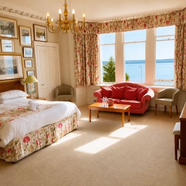 Bright hotel room with sea view and floral decor.
