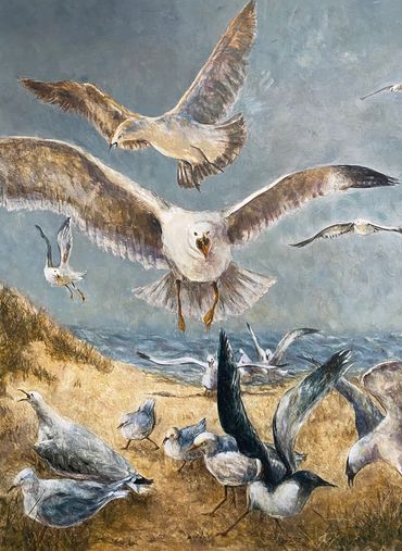 "Seagull Picnic", egg tempera